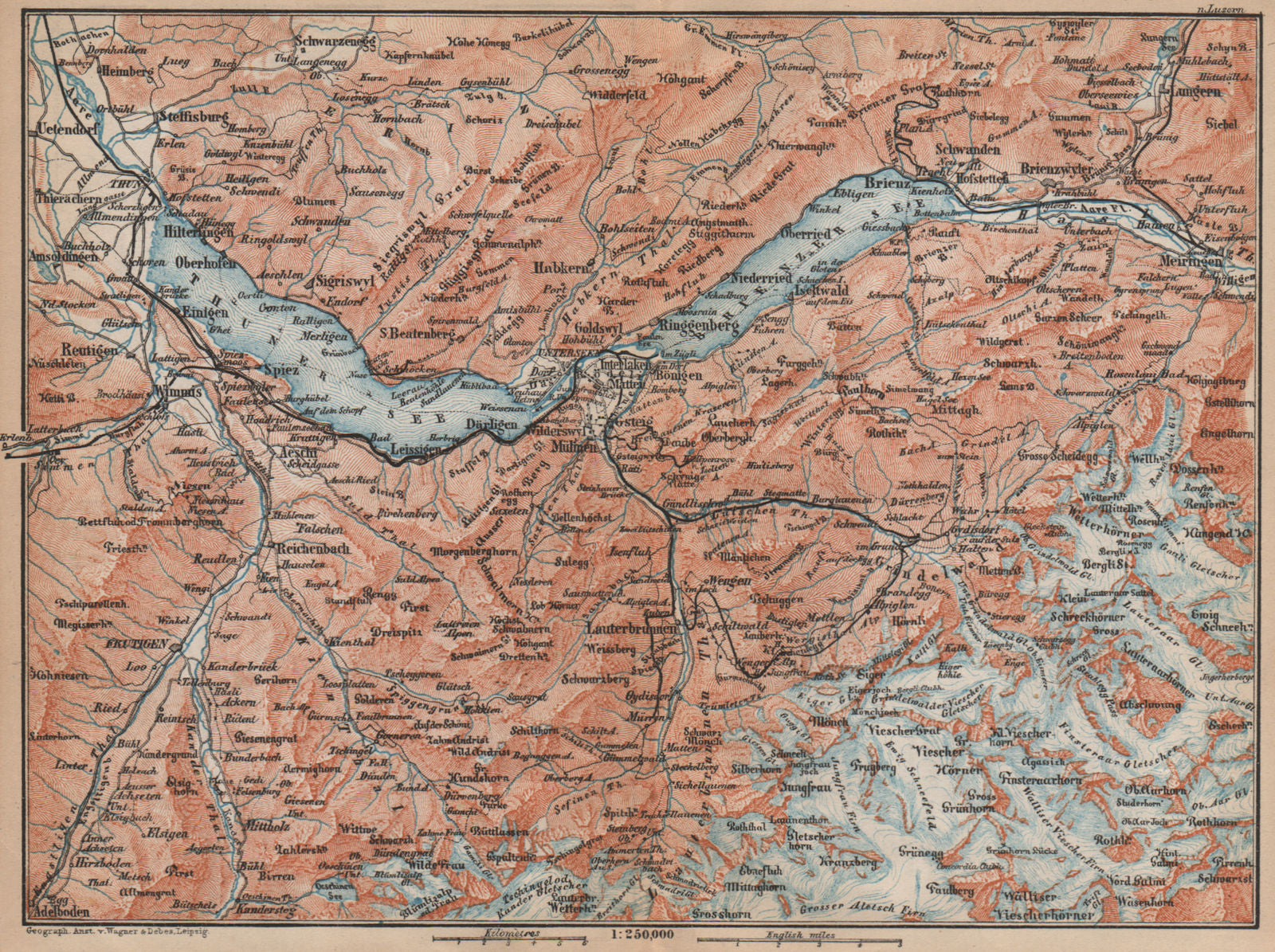 BERNESE OBERLAND. Wengen Mürren Grundelwald Reutigen Interlaken Eiger 1899 map